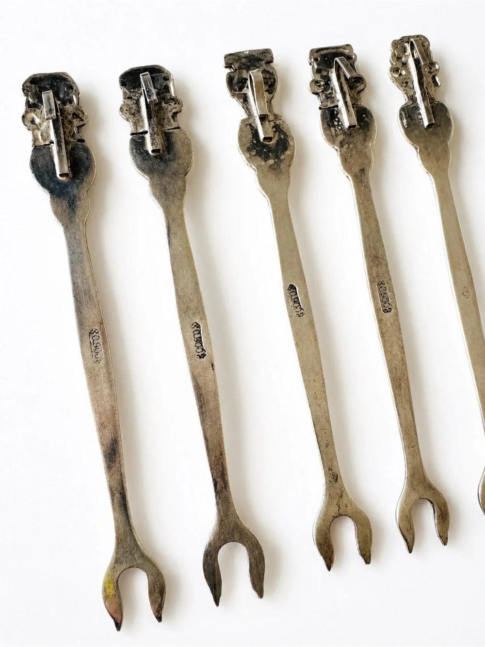 Mid-Century Alpaca Silver Cocktail Forks – Peruvian Inca Figural Set of 13
